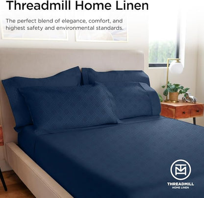 Threadmill King Size Sheets for King Mattress | 800 Thread Count Jacquard Folkstone Blue | Better Than Egyptian Cotton | 4 Pc Bed Sheets | Damask Sheets Fits 16'' Deep Pocket | 100% Cotton Sheet