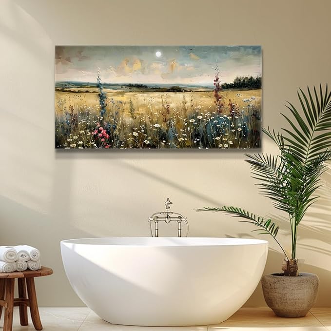 KELIYUAN Wall Art living Room Natural Field Landscape Painted Decor Vintage Meadow Wildflowers Modern Printed Artwork Bedroom Farmhouse Restaurant Office Home Decor Can Be Hung Directly 24x48 In