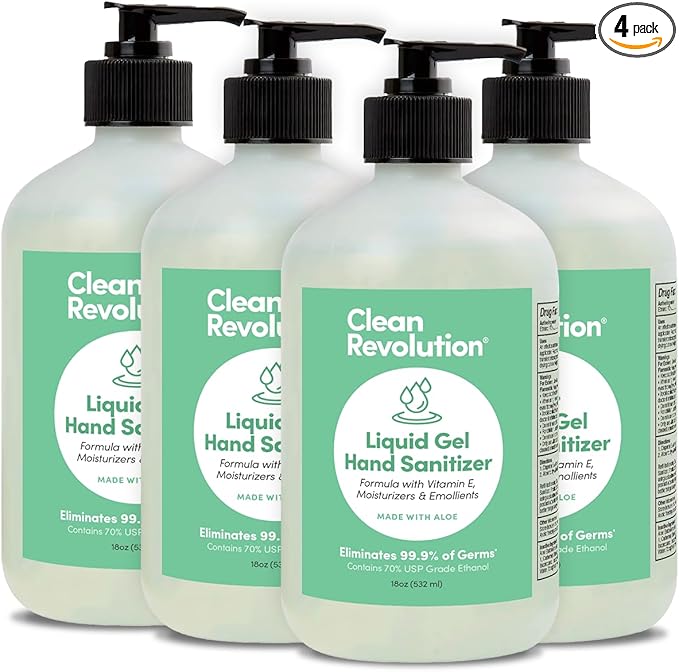 Clean Revolution Gel Hand Sanitizer 18 oz Bottle with Pump 4 pack, Gentle, Aloe Scented, 70% USP Medical Grade Ethanol, Medical Facility Compliant - Made in USA