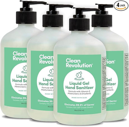Clean Revolution Gel Hand Sanitizer 18 oz Bottle with Pump 4 pack, Gentle, Aloe Scented, 70% USP Medical Grade Ethanol, Medical Facility Compliant - Made in USA