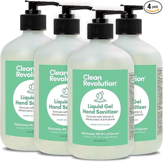 Clean Revolution Gel Hand Sanitizer 18 oz Bottle with Pump 4 pack, Gentle, Aloe Scented, 70% USP Medical Grade Ethanol, Medical Facility Compliant - Made in USA