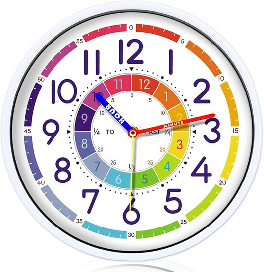 Time Teaching Clock 12 Inch Silent Wall Clock for Kids Learning Time, Silent Non-Ticking Quartz Decorative Wall Clock for Teacher's Classrooms Or Children's Bedrooms