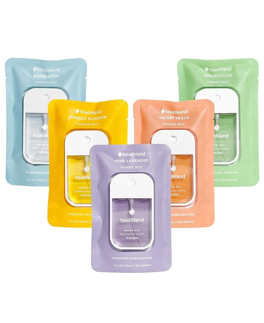 Touchland Power Mist Hydrating Hand Sanitizer Spray, BLOSSOM 5 Set (Lavender, Vanilla, Rainwater, Peach, Applelicious), 1 FL. OZ. Travel Size (Set of 5)