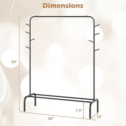 Giantex Clothes Rack for Hanging, 50" Wide Freestanding Garment Rack with Hanging Rod, 8 Hooks & Storage Shelf, Heavy-duty Metal Clothing Racks Wardrobe Organizer for Bedroom, Entryway, Laundry