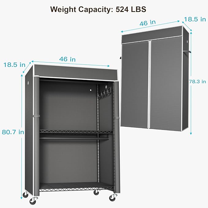 Black Clothing Rack with Dark Gray Cover, P1C Plus Rolling Closet with Wheels, Metal Garment Rack for Hanging Clothes, Clothing Storage Wardrobe, 46" W x 18.5" D x 80.7" H, Load 524 Pounds