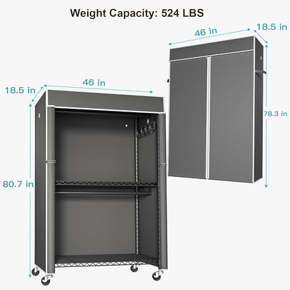 Black Clothing Rack with Dark Gray Cover, P1C Plus Rolling Closet with Wheels, Metal Garment Rack for Hanging Clothes, Clothing Storage Wardrobe, 46" W x 18.5" D x 80.7" H, Load 524 Pounds