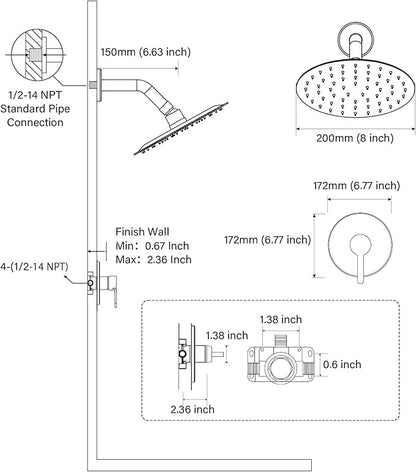 HUCKLE Shower Faucet Set with Shower Head, 8-Inch Black Shower Faucet with Valve, Single-Handle Rainfall Shower Head, Matte Black Shower Head for Bathroom