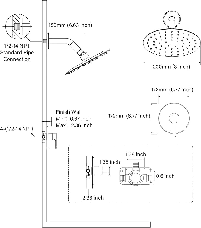 HUCKLE Shower Head, 8-Inch Gold Shower Faucet with Valve, Single-Handle Rainfall Shower Trim Kit, Matte Black Shower Fixtures for Bathroom