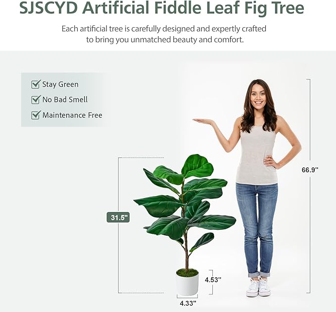 Artificial Mini Fiddle Leaf Fig Tree 31.5 Inch, Fake Plants Indoor Artificial Tree, Faux Fig Trees in White Pot for Housewarming Office Desk Home Green Decor