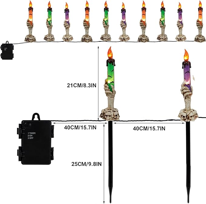 WATERGLIDE Halloween Decoration Candle Light Stakes, 10 Pack Skeleton Hands Hold Lighted Candle Pathway Makers, Waterproof Battery Operated with Timer, Light Up Figurine for Outdoor Holiday Party