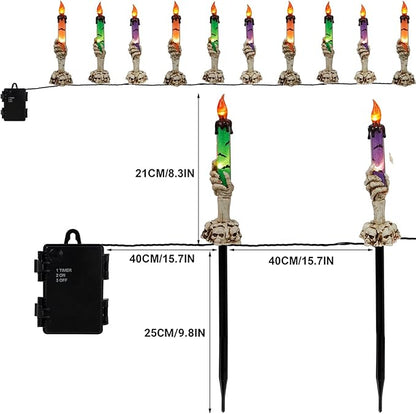 WATERGLIDE Halloween Decoration Candle Light Stakes, 10 Pack Skeleton Hands Hold Lighted Candle Pathway Makers, Waterproof Battery Operated with Timer, Light Up Figurine for Outdoor Holiday Party