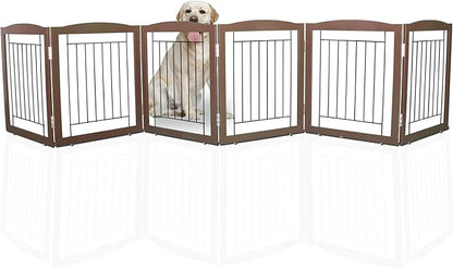 ZJSF Freestanding Foldable Dog Gate for House Extra Wide Wooden Brown Puppy Gate Stairs Dog Gates Doorways Tall Pet Gate 24 "Height 6 Panels Pet Fence