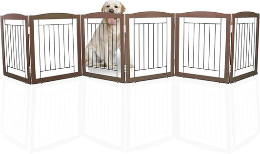 ZJSF Freestanding Foldable Dog Gate for House Extra Wide Wooden Brown Puppy Gate Stairs Dog Gates Doorways Tall Pet Gate 24 "Height 6 Panels Pet Fence