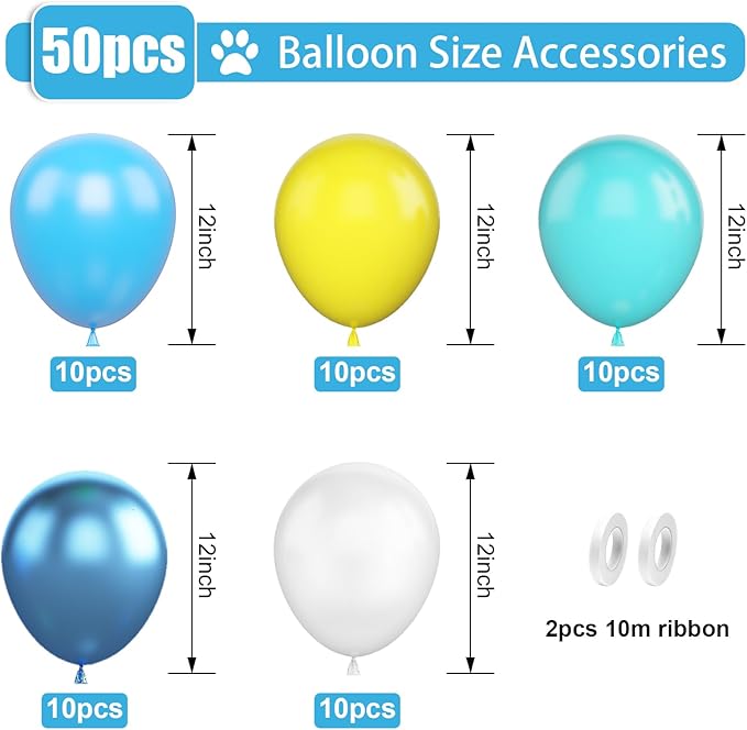 Blue Yellow Balloons, 50 Pcs 12 Inches Yellow Blue Clear Balloon, Teal Blue Metallic Clear Balloon for Girls Boy Cartoon Theme Birthday Baby Shower Wedding Party
