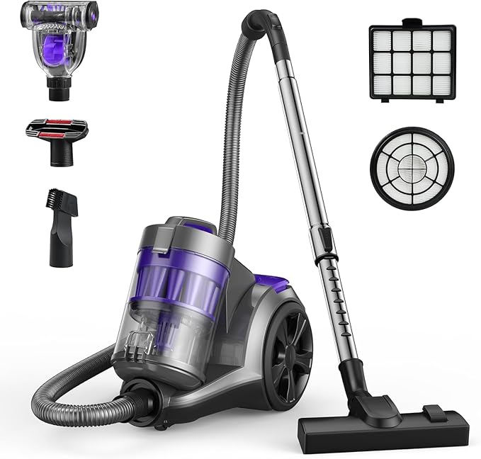 Aspiron 1700W Canister Vacuum Cleaner, 32Kpa Bagless Vacuum Cleaner, Multi-Cyclonic Filtration, 2 Anti-Allergen HEPA Filters, 3.5QT Dust Cup, 4 Tools, Corded Vacuum for Hard Floor, Pet Hair, Violet
