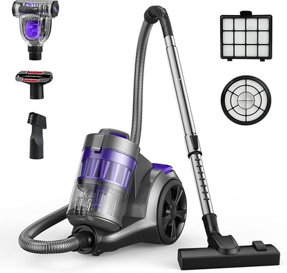 Aspiron 1700W Canister Vacuum Cleaner, 32Kpa Bagless Vacuum Cleaner, Multi-Cyclonic Filtration, 2 Anti-Allergen HEPA Filters, 3.5QT Dust Cup, 4 Tools, Corded Vacuum for Hard Floor, Pet Hair, Violet