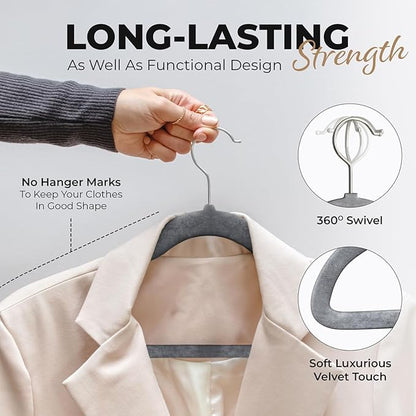 30 Pack Velvet Hanger for Shirt Pants Dresses Skirts Suits Jackets - Slim Space Saving Design - Standard Coat Hanger - Sturdy & Durable Design with Shoulder Grooves Hook - Grey