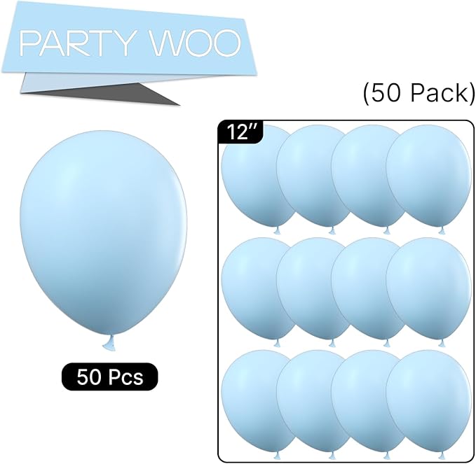 PartyWoo Pastel Blue Balloons, 50 pcs 12 Inch Pale Blue Balloons, Blue Balloons for Balloon Garland Balloon Arch as Birthday Party Decorations, Wedding Decorations, Baby Shower Decorations, Blue-Q13
