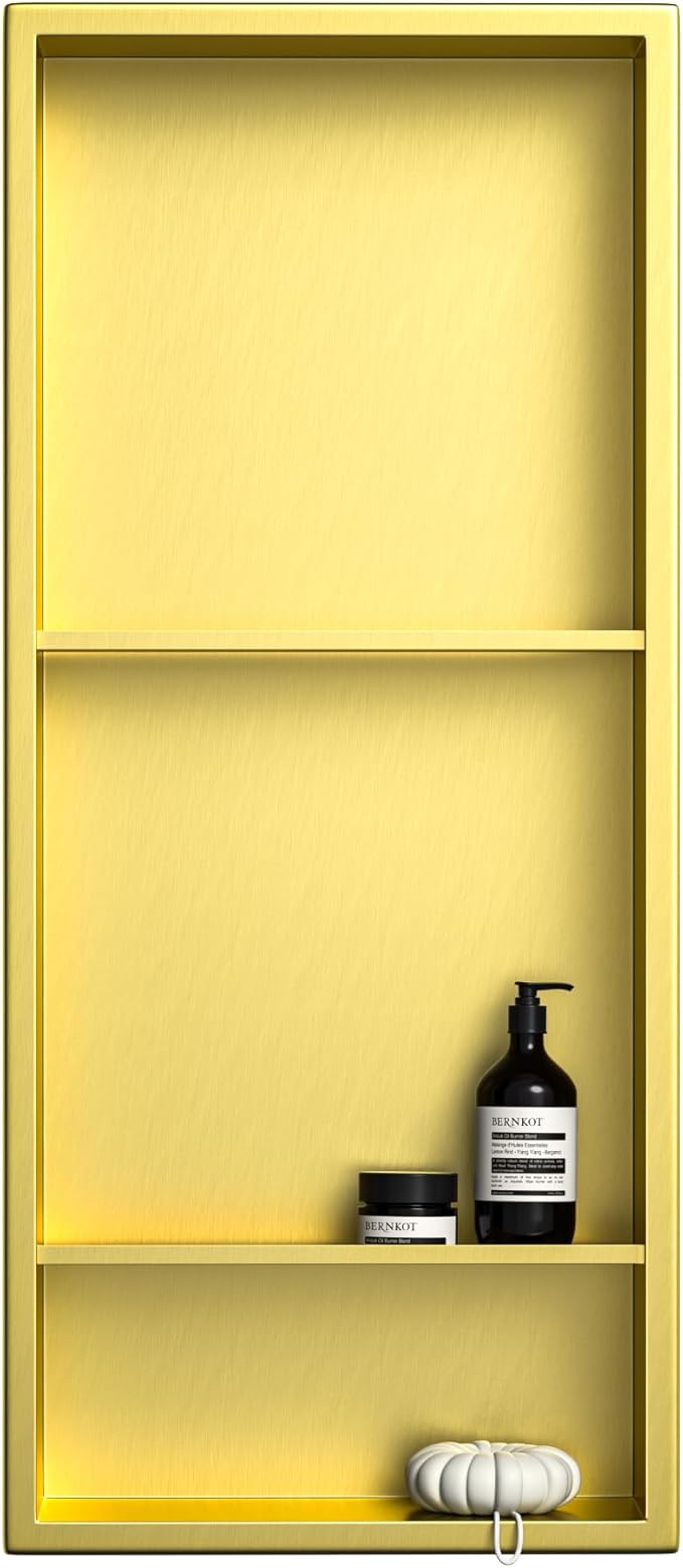 Stainless Steel Shower Niche Gold 30" X 12" with 3-Tiers Shelf No Tile Needed Niche Shower for Bathroom Storage Recessed Wall Shelf Over Mount Installation