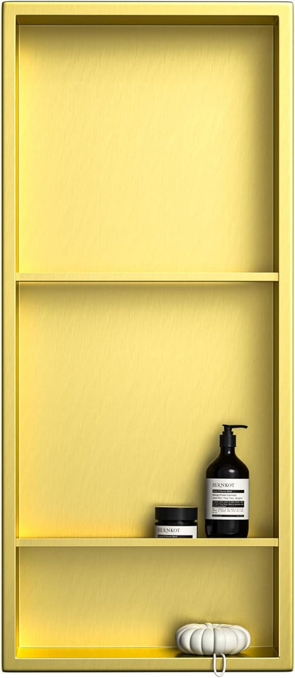 Stainless Steel Shower Niche Gold 30" X 12" with 3-Tiers Shelf No Tile Needed Niche Shower for Bathroom Storage Recessed Wall Shelf Over Mount Installation