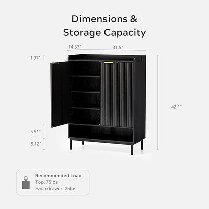 Fluted Shoe Cabinet with Doors, Large Wooden Shoe Storage Cabinet with Hanging Rod, Modern Tall Freestanding Shoe Rack Organizer for Entryway, Hallway Black