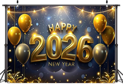 AIIKES 82.6x59 Inches Happy New Year Backdrop Black and Gold New Year Party Decoration XY239