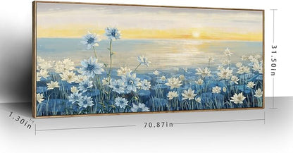 amatop Giant Framed Wall Art for Living Room Extra large Modern Coastal Beachy Canvas Wall Art Big Floral Sunrise Blue Wall Picture Oversized Lake Nature Sunset Artwork Office Bedroom Decor 71“x31”