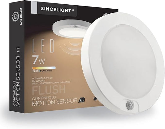 SINCELIGHT PIR Motion Sensor 7W LED Ceiling Light (Φ6''/146mm), Automatically ON/Off, Movement Activated, Warm White 2700K, Surface/Flush Mount for Closet,Cabinet,Hallway, Damp Use, Pack of 1