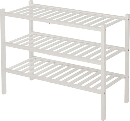 3 Tier Bamboo Shoe Rack for Closet Free Standing Wood Shoe Shelf Storage Organizer for Entryway Small Space Stackable 27"x11"x20" (White)