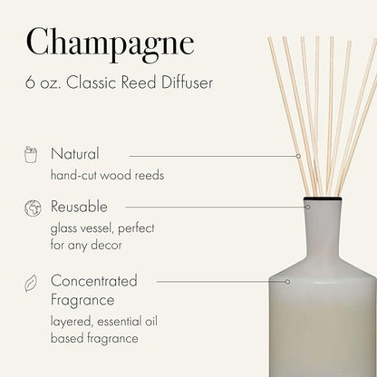 LAFCO New York Classic Reed Diffuser, Champagne - 6 oz - Up to 3 Months Fragrance Life - Reusable, Hand Blown Glass Vessel - Natural Wood Reeds - Made in The USA