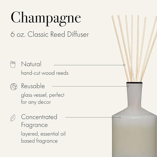 LAFCO New York Classic Reed Diffuser, Champagne - 6 oz - Up to 3 Months Fragrance Life - Reusable, Hand Blown Glass Vessel - Natural Wood Reeds - Made in The USA