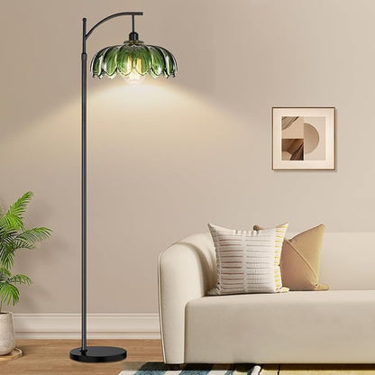 Gold Floor Lamp for Living Room,Bedroom,Standing Lamp with Remote Dimmable Brass Tall Lamp Vintage Retro Mid Century Modern Floor Lamps Arc Green Glass Flower Lamp Floor Light Boho Bohemian
