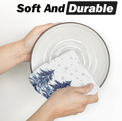 Artoid Mode Blue Xmas Tree Leaves Pinecone Christmas Kitchen Dish Cloths, 12x12 Inch Quick Dry Microfiber Dishcloths for Kitchen Dish Rags Set of 4