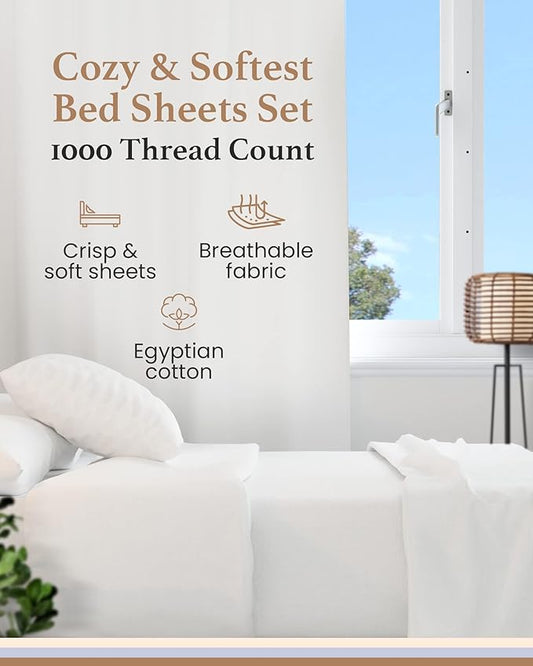 Good Sleep Bedding Twin Sheets Set - 100% Egyptian Cotton Sheets, Soft, 3Pc, 1000 TC, Twin Sheets, Hotel Quality Bed, Deep Pocket Sheet Set Fits Upto 16" - White