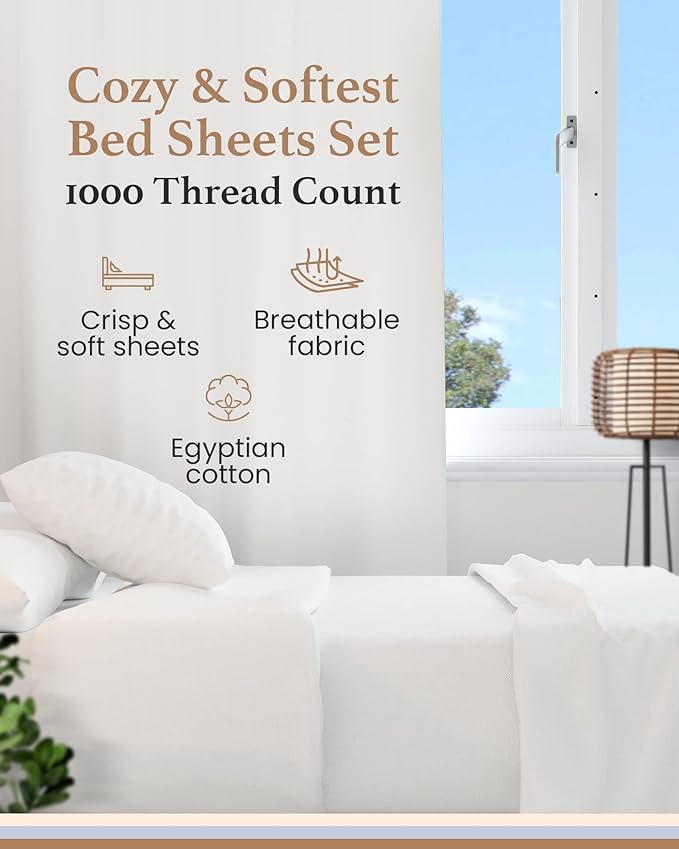 Good Sleep Bedding King Size Sheets Set - 4 Pc, 100% Egyptian Cotton Sheets King Size, 1000 TC 16" Deep Pocket King Sheet Set, Soft & Breathable, Sateen Weave King Sheets with Pillowcases - White