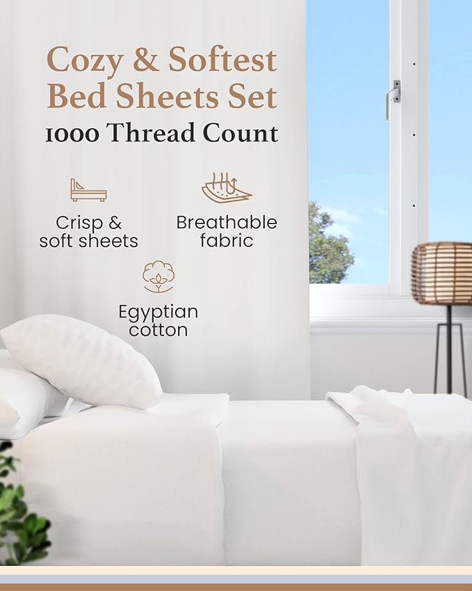 1000 Thread Count Egyptian Cotton Sheets Full Size, 4 Pc Luxury Sheets Set, Long Staple 100% Cotton Sheets for Full Size Bed, 16" Deep Pocket Hotel Style Sheets, Sateen Sheets Full, White