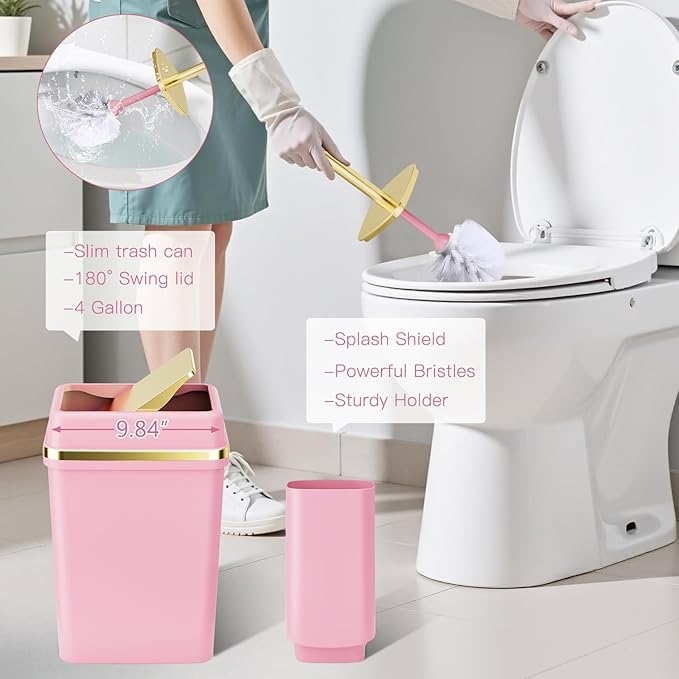 25PCS Bathroom Accessory Set, Pink Bathroom Set with Large-Capacity 4 Gallon Trash Can,Bathroom Rugs Set, Waterproof Shower Curtain, Toilet Brush, Toothbrush Holder & Soap Dispenser