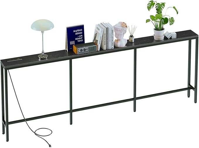 86.6" Behind Couch Table with Fast Charging Station, 7.1" Narrow Skinny Sofa Table with 2 Power Outlets, 2 USB-A, USB-C for Console Entryway, Black