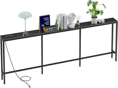 86.6" Behind Couch Table with Fast Charging Station, 7.1" Narrow Skinny Sofa Table with 2 Power Outlets, 2 USB-A, USB-C for Console Entryway, Black
