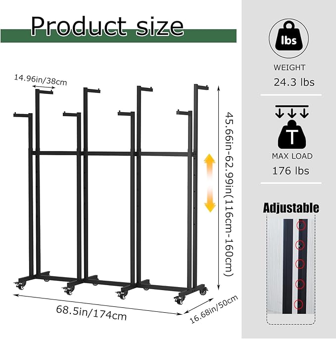 Metal Clothing Rack, 8 Arms Clothes Display Racks with Wheels, Adjustable Floor Standing Garment Rack From 46.85" to 64", Portable Retail Display Stand for Boutique Stores (Black, 8 Arm/68.5in)