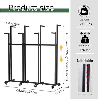 Metal Clothing Rack, 8 Arms Clothes Display Racks with Wheels, Adjustable Floor Standing Garment Rack From 46.85" to 64", Portable Retail Display Stand for Boutique Stores (Black, 8 Arm/68.5in)