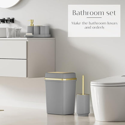 9PCS Bathroom Accessory Set, Grey Bathroom Set with Large-Capacity 4 Gallon Trash Can, Bathroom Accessories Set Complete, Toothbrush Holder, Soap Dispenser, Toilet Brush, Bathroom Decor
