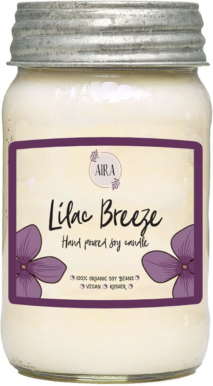 Aira Soy Candles - Organic, Kosher, Vegan, in Mason Jar w/Therapeutic Grade Essential Oils - Hand-Poured 100% Soy Candle Wax - Paraffin Free Burns 110+ Hours - Spring Candle Lilac Breeze - 16 Ounces