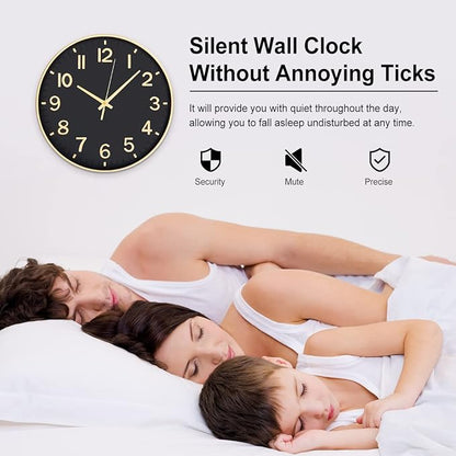 HZDHCLH Black Wall Clocks Battery Operated,12 inch Silent Non Ticking Modern Clock for Wall, 3D Numbers Wall Clock for Kitchen Bedroom Living Room Office Classroom Decor (Black-Gold)