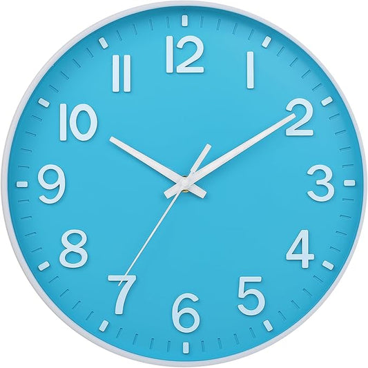 HZDHCLH Wall Clock 3D Numbers Wall ClockBattery-Powered 12-inch Silent Non-Tick Modern Wall Clock for Living Room, Bedroom, Kitchen, and Office Decoration (Blue and White)