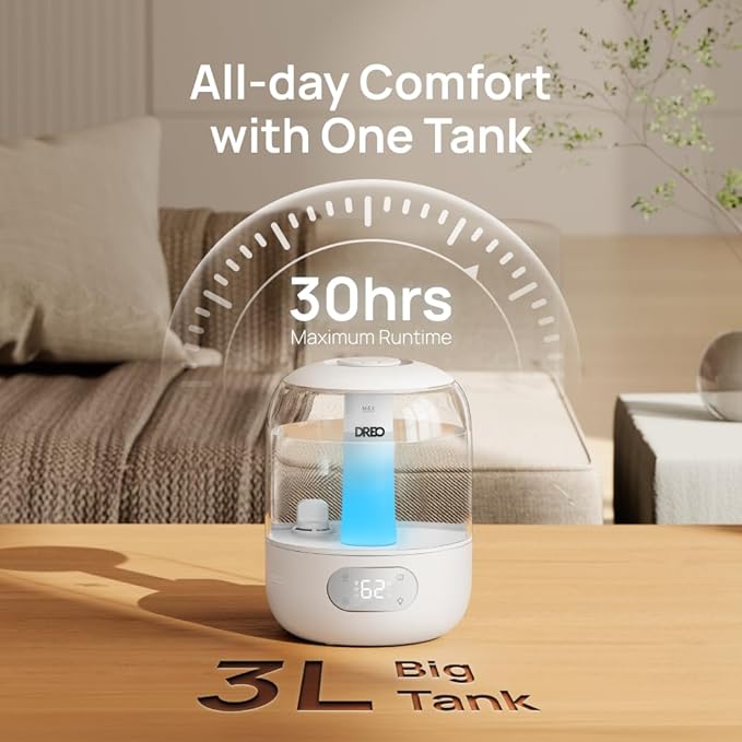 Dreo Humidifiers for Bedroom, 3L Top Fill 30H & 26dB Quiet Runtime for Large Room, Cool Mist Ultrasonic Humidifier with Humidity Sensor, Night Light for Home, Baby, Nursery, Plants, New Edition