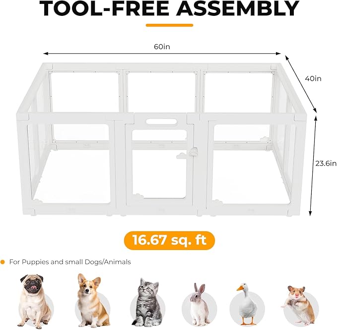 Acrylic Dog Playpen Indoor, Clear Dog Play Pen for Puppies and Small Dogs, Easy Assembly & Clean Puppy Pen (23.6", 12 Panels, White)