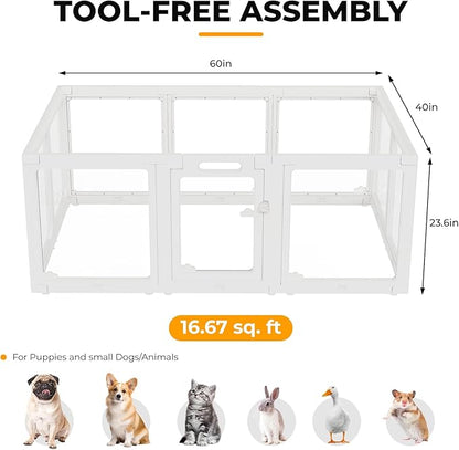 Acrylic Dog Playpen Indoor, Clear Dog Play Pen for Puppies and Small Dogs, Easy Assembly & Clean Puppy Pen (23.6", 12 Panels, White)