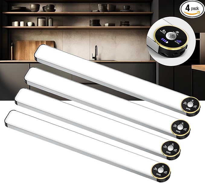 Motion Sensor Under Cabinet Lighting, 3-Color Dimmable, 84 LED 15 Inch Wireless Closet Lighting, Rechargeable 3200mAh Battery, Digital Display, Perfect for Kitchen & Indoor Use (4-Pack)