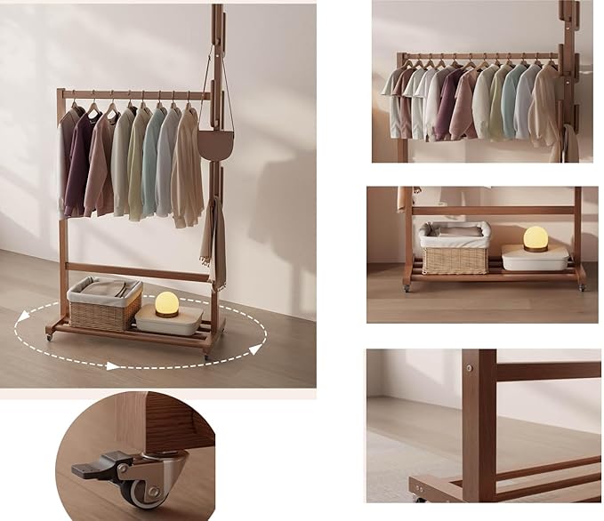 Solid Wood Clothing Rack with Wheels and Hooks, Heavy Duty Garment Rack with Shelf, Easy Assembly, Rolling Rack for Clothes, Coats, Skirts, Shoes, Bags,